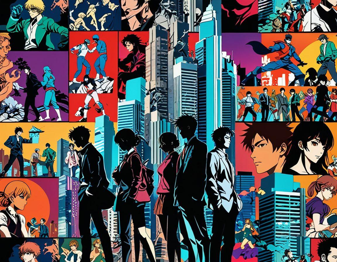 A dynamic collage showcasing the evolution of adult anime, featuring iconic characters from manga alongside their animated counterparts. In the background, a blend of vintage manga panels transitions into vibrant stills from modern adult anime, symbolizing the transformation in art style. The atmosphere is infused with cinematic elements like film reels and pop culture symbols. Incorporate a modern cityscape to represent contemporary influence. vibrant colors. super-realistic. digital art.