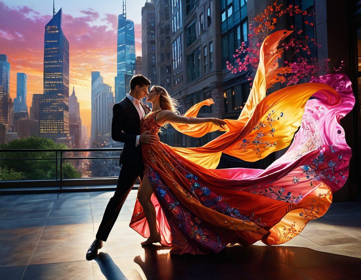 An enigmatic scene featuring fluid, expressive figures entwined in a dance of passion, set against a backdrop of dreamlike cityscapes. The characters should exude an aura of sensuality, with vivid colors and intricate details that highlight their emotions. Ethereal lighting enhances the whimsical atmosphere, blurring the lines between fantasy and reality. Include elements like flowing fabric and vibrant floral patterns to add depth and allure. super-realistic. vibrant colors. dreamlike.